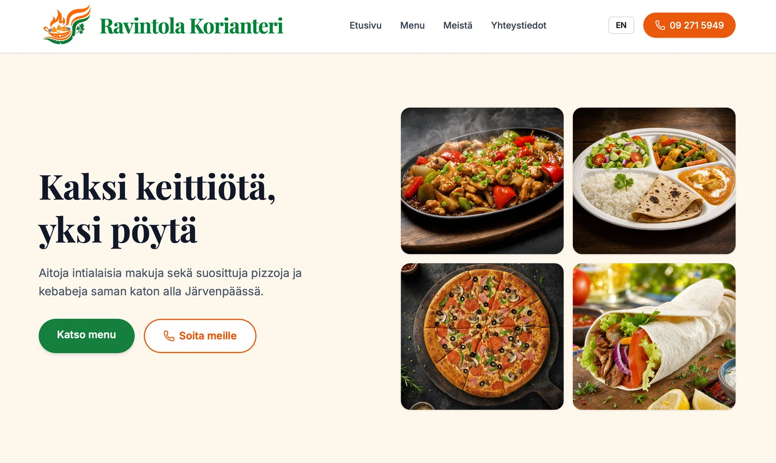 Ravintola Korianterin etusivun tietokonenäkymä