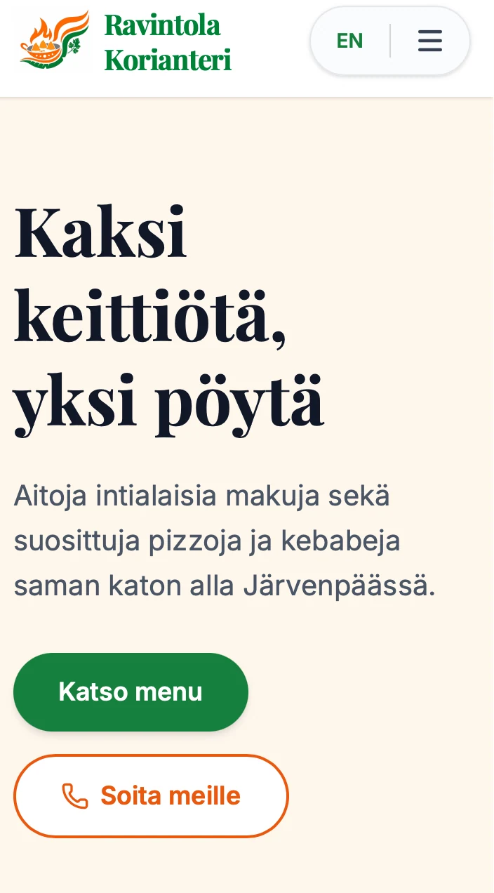 Ravintola Korianterin etusivun mobiilinäkymä